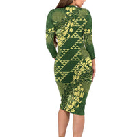 Green Aloha Hawaii Family Matching Long Sleeve Bodycon Dress and Hawaiian Shirt Hawaiian Kakau Ohia Lehua Lei LT14 - Polynesian Pride