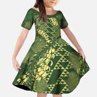 Green Aloha Hawaii Family Matching Puletasi and Hawaiian Shirt Hawaiian Kakau Ohia Lehua Lei LT14 Daughter's Dress Green - Polynesian Pride