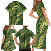 Green Aloha Hawaii Family Matching Short Sleeve Bodycon Dress and Hawaiian Shirt Hawaiian Kakau Ohia Lehua Lei LT14 - Polynesian Pride