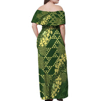 Green Aloha Hawaii Off Shoulder Maxi Dress Hawaiian Kakau Ohia Lehua Lei LT14 - Polynesian Pride