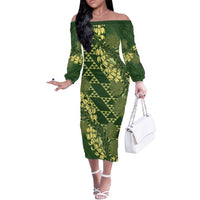Green Aloha Hawaii Off The Shoulder Long Sleeve Dress Hawaiian Kakau Ohia Lehua Lei LT14 Women Green - Polynesian Pride