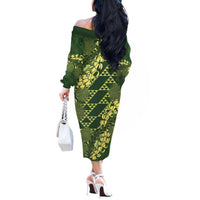 Green Aloha Hawaii Off The Shoulder Long Sleeve Dress Hawaiian Kakau Ohia Lehua Lei LT14 - Polynesian Pride