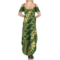 Green Aloha Hawaii Summer Maxi Dress Hawaiian Kakau Ohia Lehua Lei LT14 - Polynesian Pride
