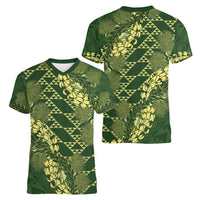 Green Aloha Hawaii Women V-Neck T-Shirt Hawaiian Kakau Ohia Lehua Lei LT14 - Polynesian Pride