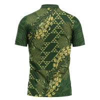 Green Aloha Hawaii Zipper Polo Shirt Hawaiian Kakau Ohia Lehua Lei LT14 - Polynesian Pride