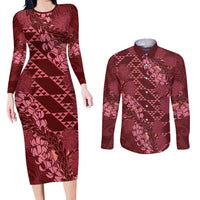 Maroon Aloha Hawaii Couples Matching Long Sleeve Bodycon Dress and Long Sleeve Button Shirt Hawaiian Kakau Ohia Lehua Lei LT14 Maroon - Polynesian Pride