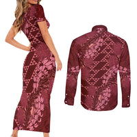 Maroon Aloha Hawaii Couples Matching Short Sleeve Bodycon Dress and Long Sleeve Button Shirt Hawaiian Kakau Ohia Lehua Lei LT14 - Polynesian Pride