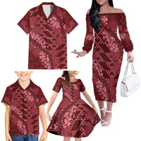Maroon Aloha Hawaii Family Matching Off The Shoulder Long Sleeve Dress and Hawaiian Shirt Hawaiian Kakau Ohia Lehua Lei LT14 - Polynesian Pride