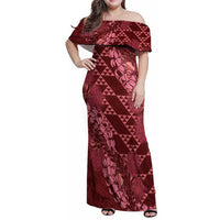 Maroon Aloha Hawaii Family Matching Off Shoulder Maxi Dress and Hawaiian Shirt Hawaiian Kakau Ohia Lehua Lei LT14 Mom's Dress Maroon - Polynesian Pride