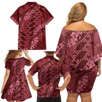 Maroon Aloha Hawaii Family Matching Off Shoulder Short Dress and Hawaiian Shirt Hawaiian Kakau Ohia Lehua Lei LT14 - Polynesian Pride