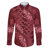 Maroon Aloha Hawaii Family Matching Puletasi and Hawaiian Shirt Hawaiian Kakau Ohia Lehua Lei LT14 Dad's Shirt - Long Sleeve Maroon - Polynesian Pride