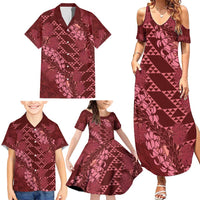 Maroon Aloha Hawaii Family Matching Summer Maxi Dress and Hawaiian Shirt Hawaiian Kakau Ohia Lehua Lei LT14 - Polynesian Pride