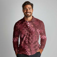 Maroon Aloha Hawaii Long Sleeve Polo Shirt Hawaiian Kakau Ohia Lehua Lei LT14 - Polynesian Pride