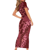 Maroon Aloha Hawaii Short Sleeve Bodycon Dress Hawaiian Kakau Ohia Lehua Lei LT14 - Polynesian Pride