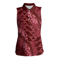 Maroon Aloha Hawaii Women Sleeveless Polo Shirt Hawaiian Kakau Ohia Lehua Lei LT14 Female Maroon - Polynesian Pride
