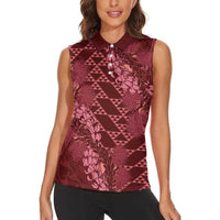 Maroon Aloha Hawaii Women Sleeveless Polo Shirt Hawaiian Kakau Ohia Lehua Lei LT14 - Polynesian Pride