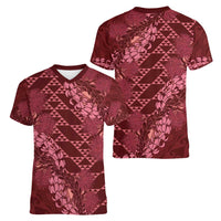 Maroon Aloha Hawaii Women V-Neck T-Shirt Hawaiian Kakau Ohia Lehua Lei LT14 - Polynesian Pride