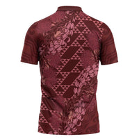 Maroon Aloha Hawaii Zipper Polo Shirt Hawaiian Kakau Ohia Lehua Lei LT14 - Polynesian Pride