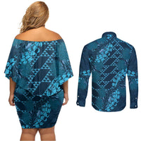 Naval Night Aloha Hawaii Couples Matching Off Shoulder Short Dress and Long Sleeve Button Shirt Hawaiian Kakau Ohia Lehua Lei LT14 - Polynesian Pride