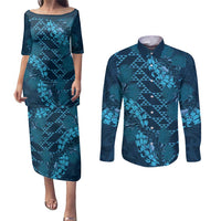 Naval Night Aloha Hawaii Couples Matching Puletasi and Long Sleeve Button Shirt Hawaiian Kakau Ohia Lehua Lei LT14 Blue - Polynesian Pride