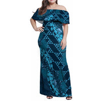 Naval Night Aloha Hawaii Family Matching Off Shoulder Maxi Dress and Hawaiian Shirt Hawaiian Kakau Ohia Lehua Lei LT14 Mom's Dress Blue - Polynesian Pride