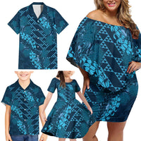 Naval Night Aloha Hawaii Family Matching Off Shoulder Short Dress and Hawaiian Shirt Hawaiian Kakau Ohia Lehua Lei LT14 - Polynesian Pride