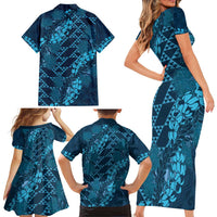 Naval Night Aloha Hawaii Family Matching Short Sleeve Bodycon Dress and Hawaiian Shirt Hawaiian Kakau Ohia Lehua Lei LT14 - Polynesian Pride