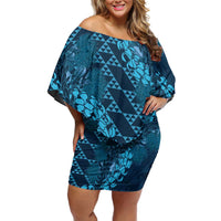 Naval Night Aloha Hawaii Off Shoulder Short Dress Hawaiian Kakau Ohia Lehua Lei LT14 Women Blue - Polynesian Pride