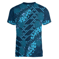 Naval Night Aloha Hawaii Women V-Neck T-Shirt Hawaiian Kakau Ohia Lehua Lei LT14 - Polynesian Pride