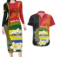 Personalised PNG Morobe Provins Couples Matching Long Sleeve Bodycon Dress and Hawaiian Shirt Papua New Guinea Plumeria Melanesian Pattern LT14 Red - Polynesian Pride