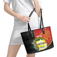 Personalised PNG Morobe Provins Leather Tote Bag Papua New Guinea Plumeria Melanesian Pattern - Polynesian Pride