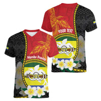 Personalised PNG Morobe Provins Women V-Neck T-Shirt Papua New Guinea Plumeria Melanesian Pattern LT14 - Polynesian Pride