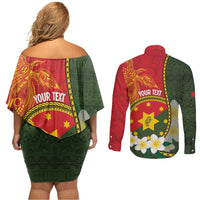 Personalised PNG Isten Hailans Provins Couples Matching Off Shoulder Short Dress and Long Sleeve Button Shirt Papua New Guinea Plumeria Melanesian Pattern LT14 - Polynesian Pride