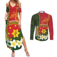 Personalised PNG Isten Hailans Provins Couples Matching Summer Maxi Dress and Long Sleeve Button Shirt Papua New Guinea Plumeria Melanesian Pattern LT14 Green - Polynesian Pride