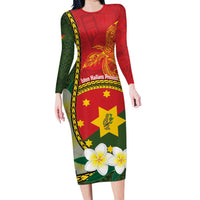 Personalised PNG Isten Hailans Provins Long Sleeve Bodycon Dress Papua New Guinea Plumeria Melanesian Pattern LT14 Long Dress Green - Polynesian Pride