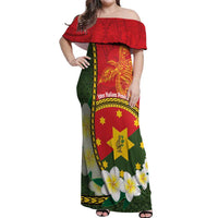 Personalised PNG Isten Hailans Provins Off Shoulder Maxi Dress Papua New Guinea Plumeria Melanesian Pattern LT14 Women Green - Polynesian Pride