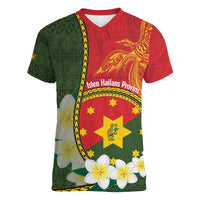 Personalised PNG Isten Hailans Provins Women V-Neck T-Shirt Papua New Guinea Plumeria Melanesian Pattern LT14 Female Green - Polynesian Pride