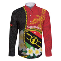 Personalised PNG Sauten Hailans Family Matching Off The Shoulder Long Sleeve Dress and Hawaiian Shirt Papua New Guinea Plumeria Melanesian Pattern LT14 Dad's Shirt - Long Sleeve Red - Polynesian Pride
