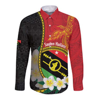 Personalised PNG Sauten Hailans Long Sleeve Button Shirt Papua New Guinea Plumeria Melanesian Pattern LT14 Unisex Red - Polynesian Pride