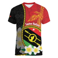 Personalised PNG Sauten Hailans Women V-Neck T-Shirt Papua New Guinea Plumeria Melanesian Pattern LT14 Female Red - Polynesian Pride