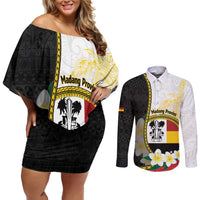 Personalised PNG Madang Provins Couples Matching Off Shoulder Short Dress and Long Sleeve Button Shirt Papua New Guinea Plumeria Melanesian Pattern LT14 White - Polynesian Pride