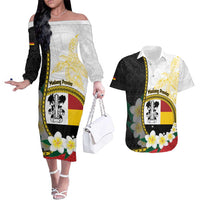 Personalised PNG Madang Provins Couples Matching Off The Shoulder Long Sleeve Dress and Hawaiian Shirt Papua New Guinea Plumeria Melanesian Pattern LT14 White - Polynesian Pride