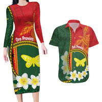 Personalised PNG Oro Provins Couples Matching Long Sleeve Bodycon Dress and Hawaiian Shirt Papua New Guinea Plumeria Melanesian Pattern LT14 Green - Polynesian Pride
