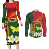 Personalised PNG Oro Provins Couples Matching Long Sleeve Bodycon Dress and Long Sleeve Button Shirt Papua New Guinea Plumeria Melanesian Pattern LT14 Green - Polynesian Pride