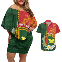 Personalised PNG Oro Provins Couples Matching Off Shoulder Short Dress and Hawaiian Shirt Papua New Guinea Plumeria Melanesian Pattern LT14 Green - Polynesian Pride