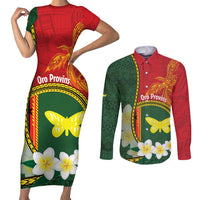 Personalised PNG Oro Provins Couples Matching Short Sleeve Bodycon Dress and Long Sleeve Button Shirt Papua New Guinea Plumeria Melanesian Pattern LT14 Green - Polynesian Pride