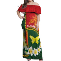 Personalised PNG Oro Provins Off Shoulder Maxi Dress Papua New Guinea Plumeria Melanesian Pattern LT14 Women Green - Polynesian Pride