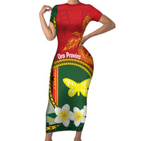 Personalised PNG Oro Provins Short Sleeve Bodycon Dress Papua New Guinea Plumeria Melanesian Pattern LT14 Long Dress Green - Polynesian Pride