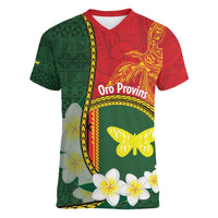 Personalised PNG Oro Provins Women V-Neck T-Shirt Papua New Guinea Plumeria Melanesian Pattern LT14 Female Green - Polynesian Pride