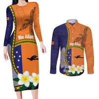 Personalised PNG Niu Ailan Couples Matching Long Sleeve Bodycon Dress and Long Sleeve Button Shirt Papua New Guinea Plumeria Melanesian Pattern LT14 Orange - Polynesian Pride
